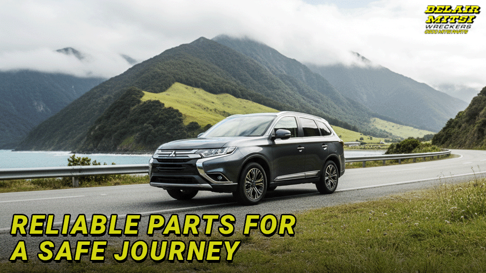 Fake Mitsubishi parts prevention message showing a Mitsubishi SUV on a scenic NZ coastal road with mountains, promoting reliable parts for a safe journey.