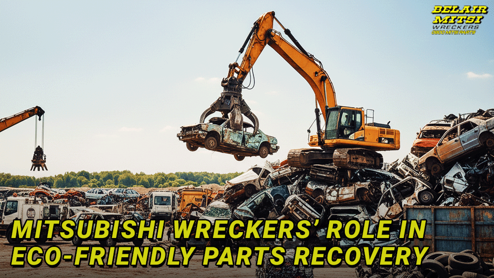 Excavators lifting damaged vehicles in a large car yard with stacks of scrapped cars, showing how Mitsubishi wreckers support eco-friendly automotive parts recovery.