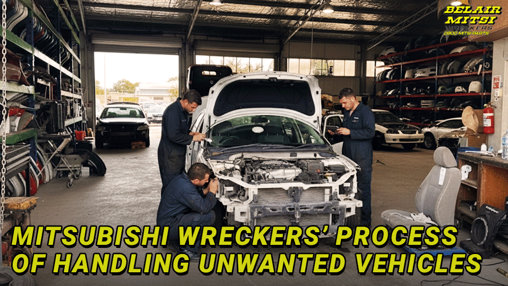 Team of Mitsubishi wreckers dismantling an unwanted vehicle inside a workshop, carefully removing usable parts and preparing the car for eco-friendly recycling.