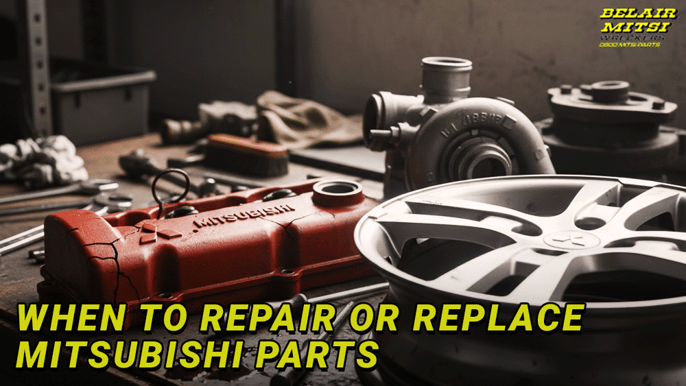 Various Mitsubishi parts placed on a workbench, including a cracked Mitsubishi engine cover, a silver alloy wheel, and a turbocharger, used to illustrate when to repair or replace Mitsubishi parts.