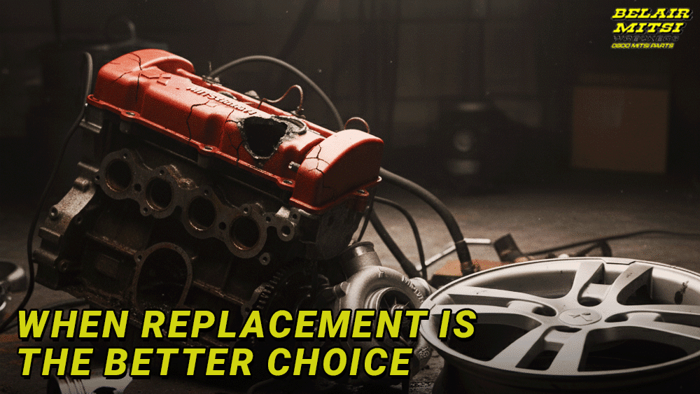 Damaged Mitsubishi engine parts on a workshop floor, including a cracked red engine cover, an engine block, and a silver alloy wheel, showing when replacing Mitsubishi parts is the better option.