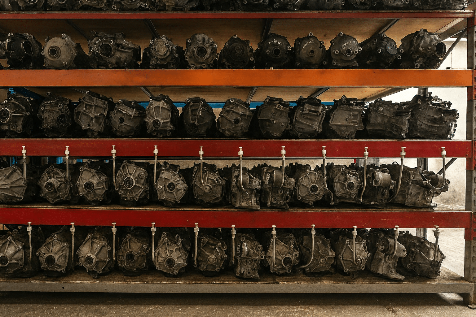 A rack displaying various Mitsubishi parts for automotive use.