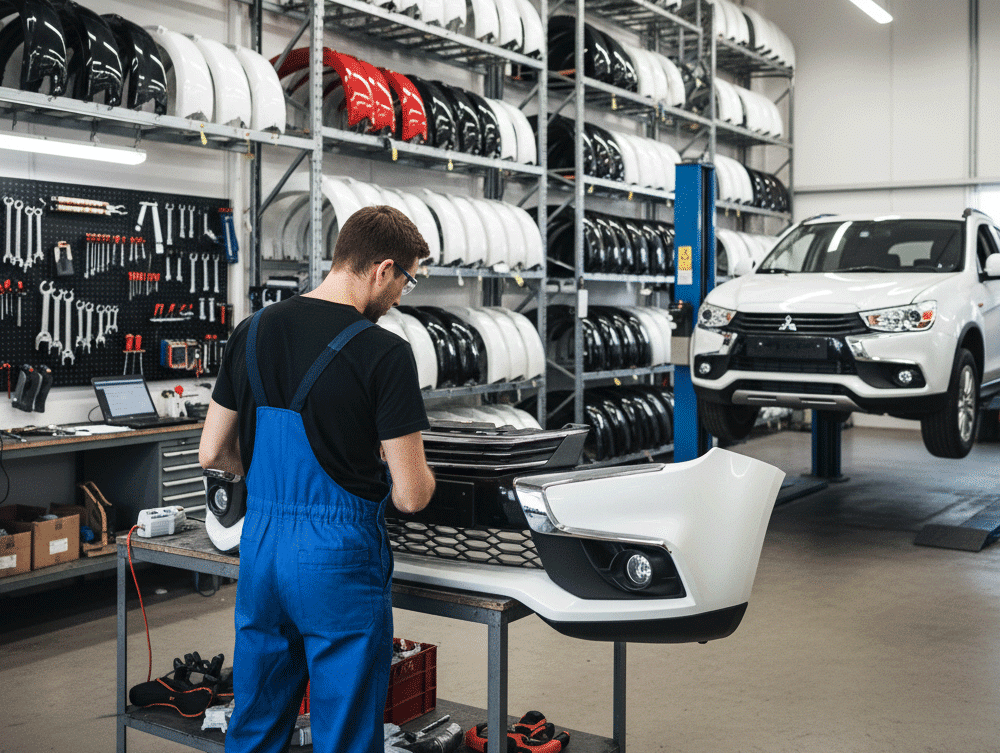 A skilled mechanic inspecting Mitsubishi car parts in a well-organized workshop.