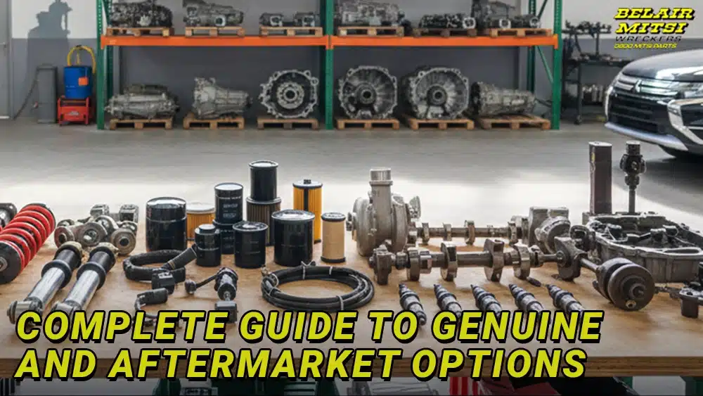 Guide showing genuine and aftermarket Mitsubishi car parts like filters, turbo, and suspension.