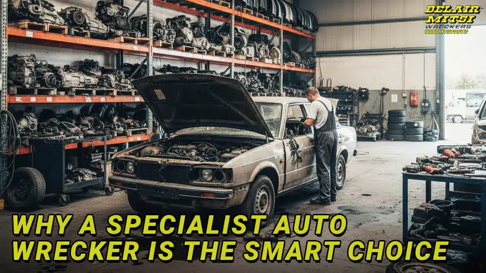 Mechanic working on a car at Belair Mitsi Wreckers surrounded by shelves of used engines, with text overlay: Why a specialist auto wrecker is the smart choice.